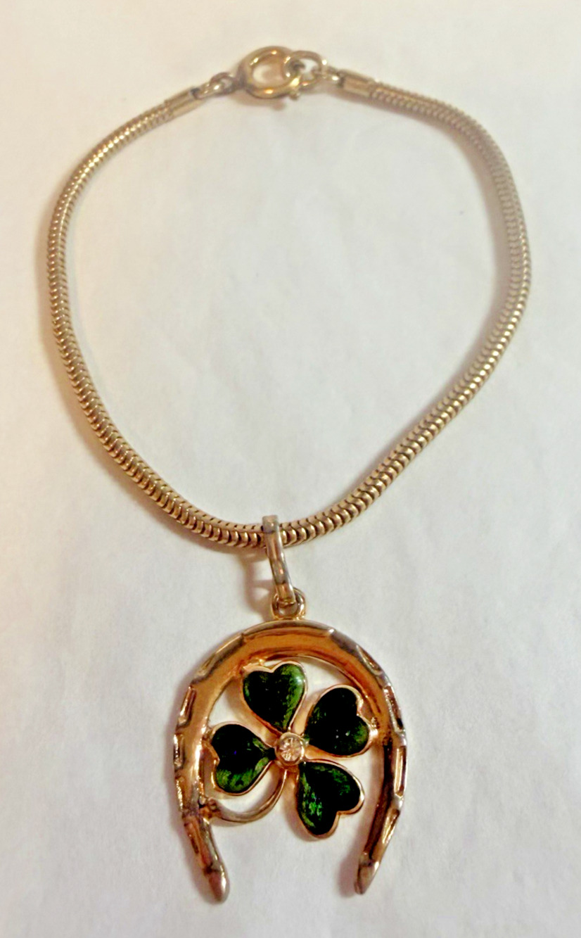 VTG Golden Snake Chain Green Enamel Cloverleaf CZ Lucky Horseshoe Charm Bracelet